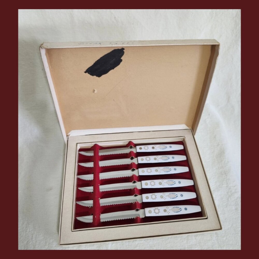Vintage Washington Forge Steak Knife Set Atomic Starburst MCM 6 Pc w Box
